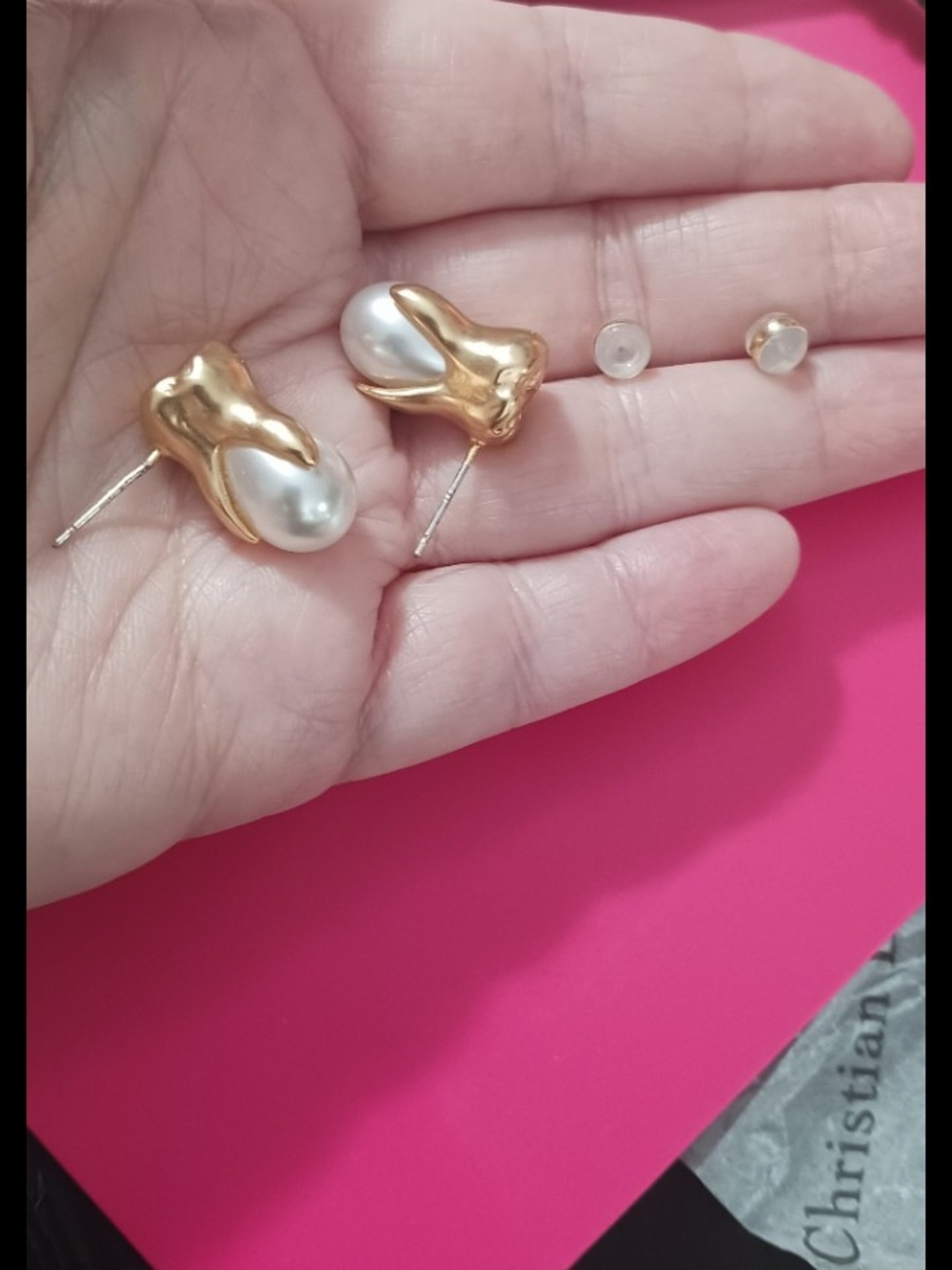 Schiaparelli Gold and White Pearl Tooth Small Drop Earrings Studs Made FRANCE - Picture 4 of 4